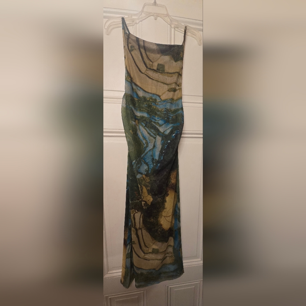 JL Luxe Multicolor Print Mesh Maxi Dress M